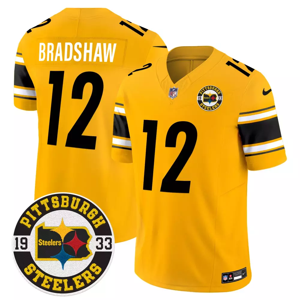 terry bradshaw gold mens pittsburgh steelers 2024 vapor limited jersey est 1933 patch all stitched