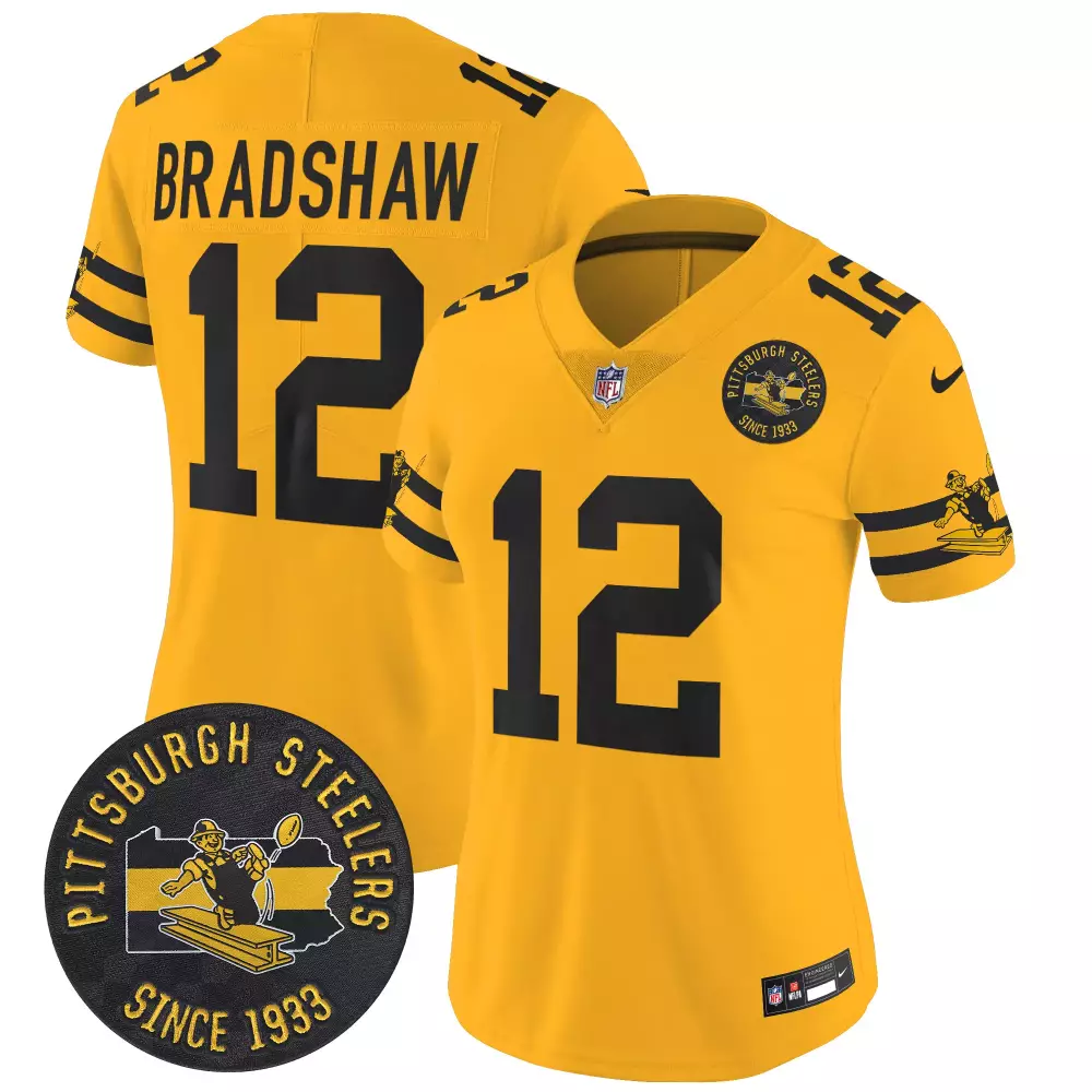 terry bradshaw gold womens pittsburgh steelers throwback 1933 patch vapor limited jersey all stitched