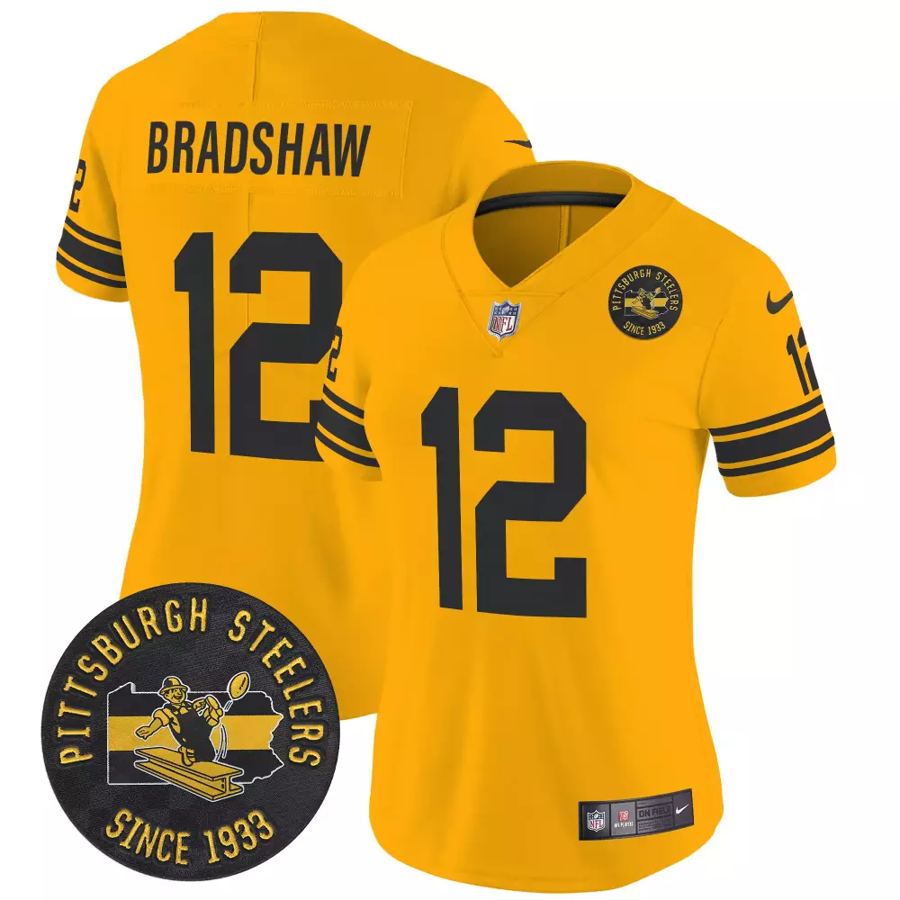 terry bradshaw gold womens pittsburgh steelers throwback 1933 patch vapor limited jersey all stitched