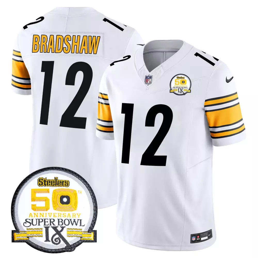terry bradshaw white mens pittsburgh steelers 50th anniversary of super bowl ix patch vapor limited jersey all stitched