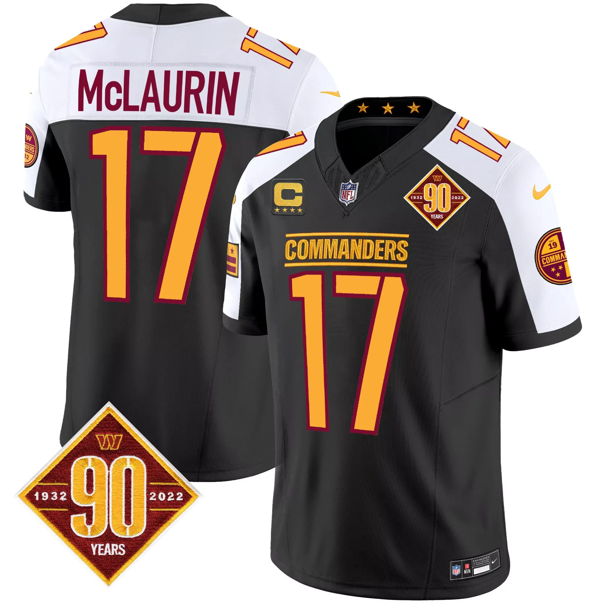 terry mclaurin black alternate mens washington commanders 90th anniversary patch vapor elite jersey all stitched