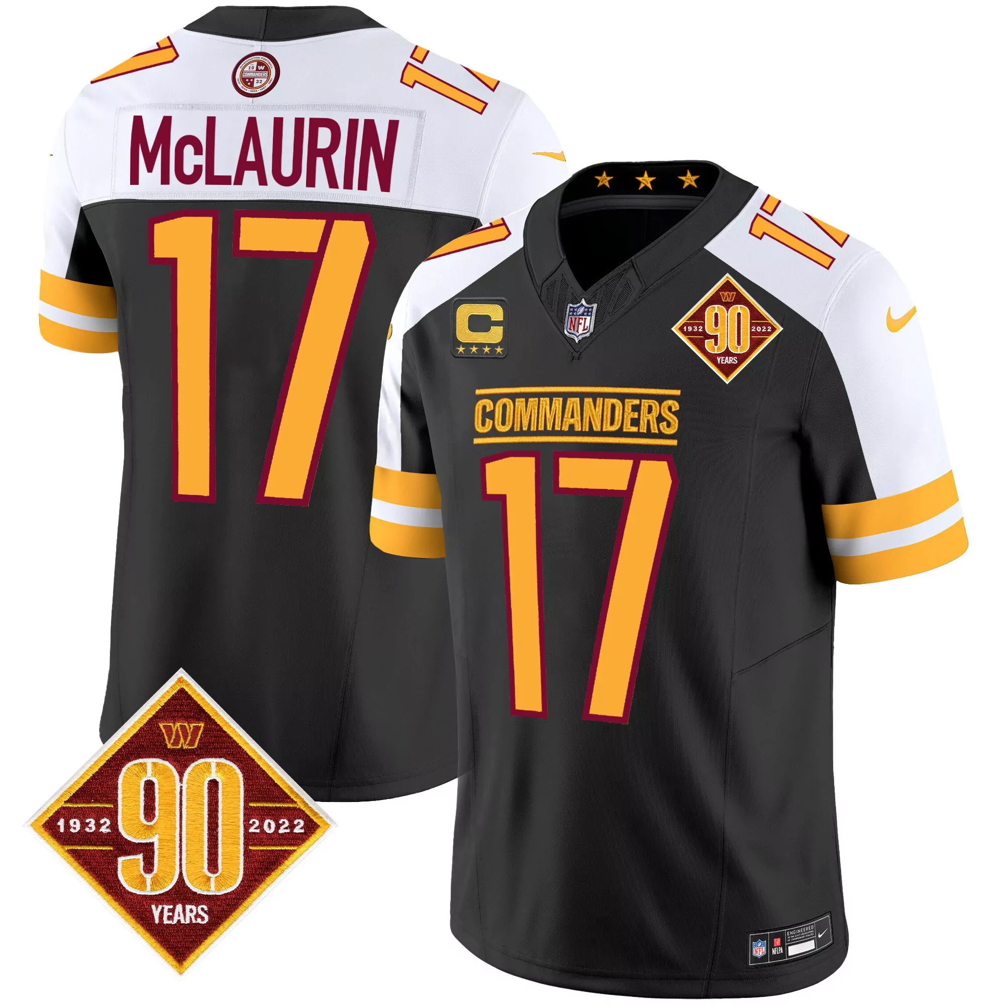 terry mclaurin black alternate mens washington commanders 90th anniversary patch vapor elite jersey all stitched