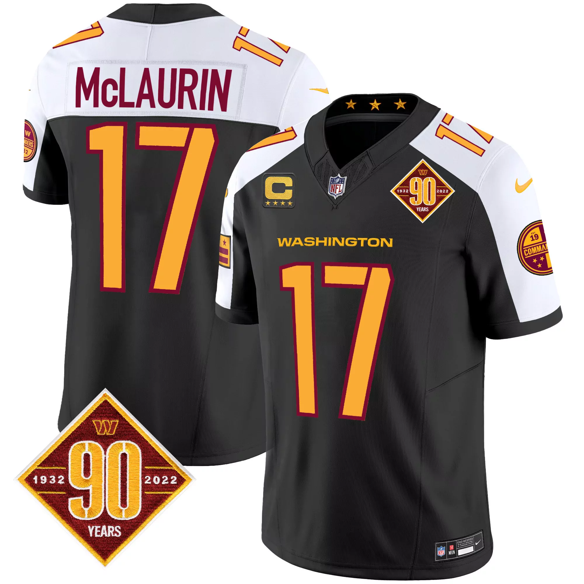 terry mclaurin black alternate mens washington commanders 90th anniversary patch vapor elite jersey all stitched