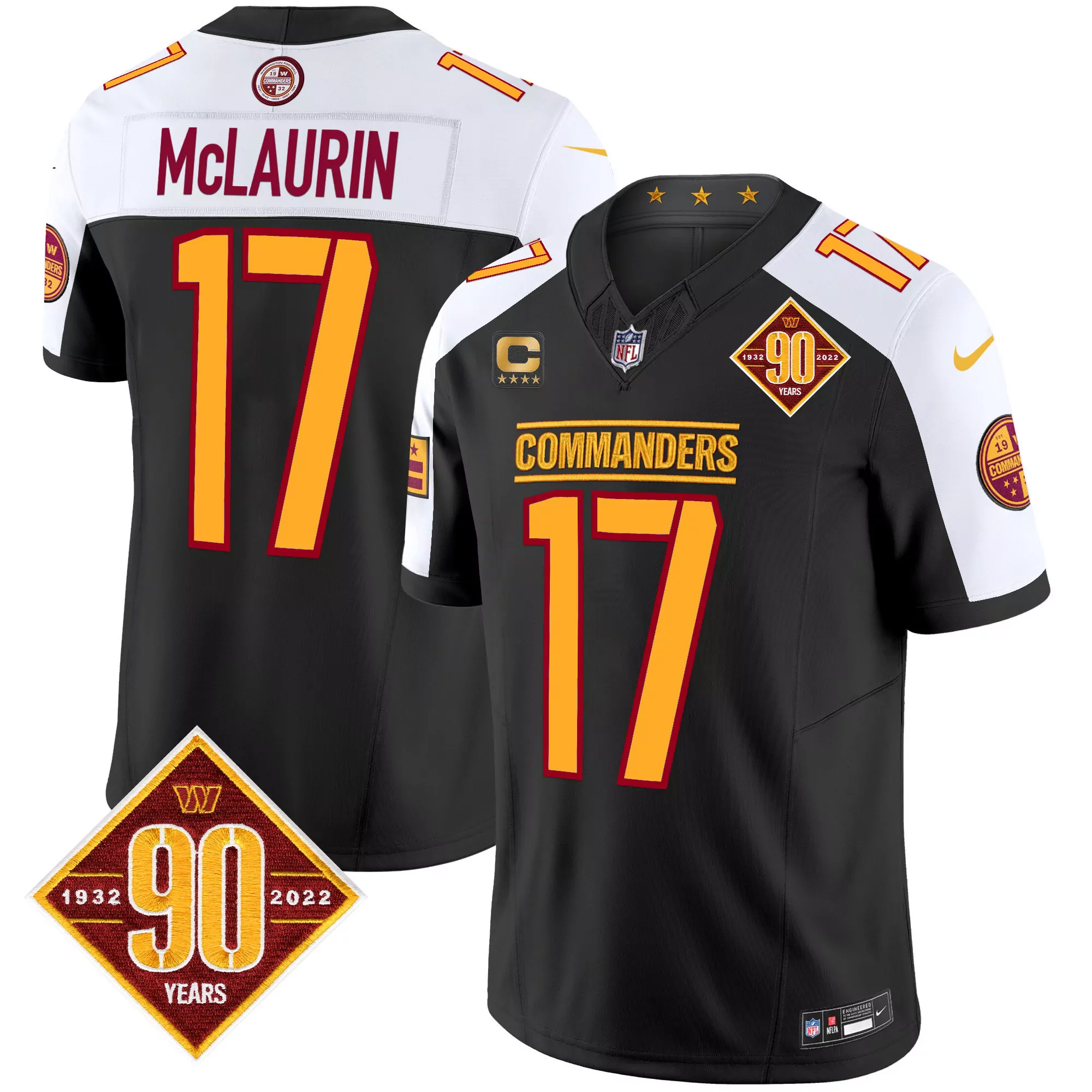 terry mclaurin black alternate mens washington commanders 90th anniversary patch vapor elite jersey all stitched