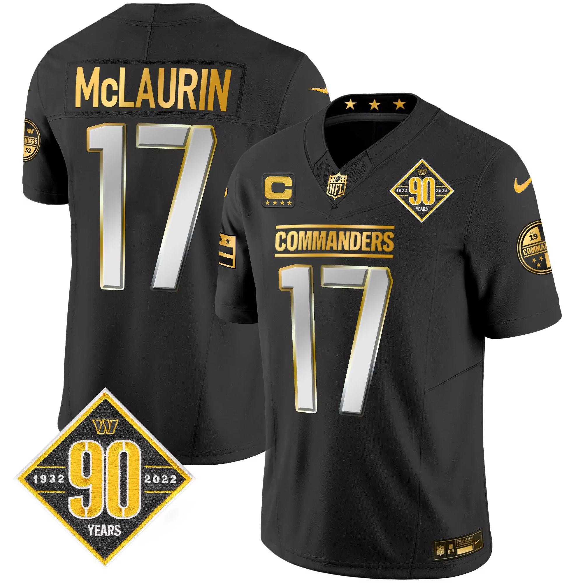 terry mclaurin black limited mens washington commanders 90th anniversary patch gold vapor jersey all stitched