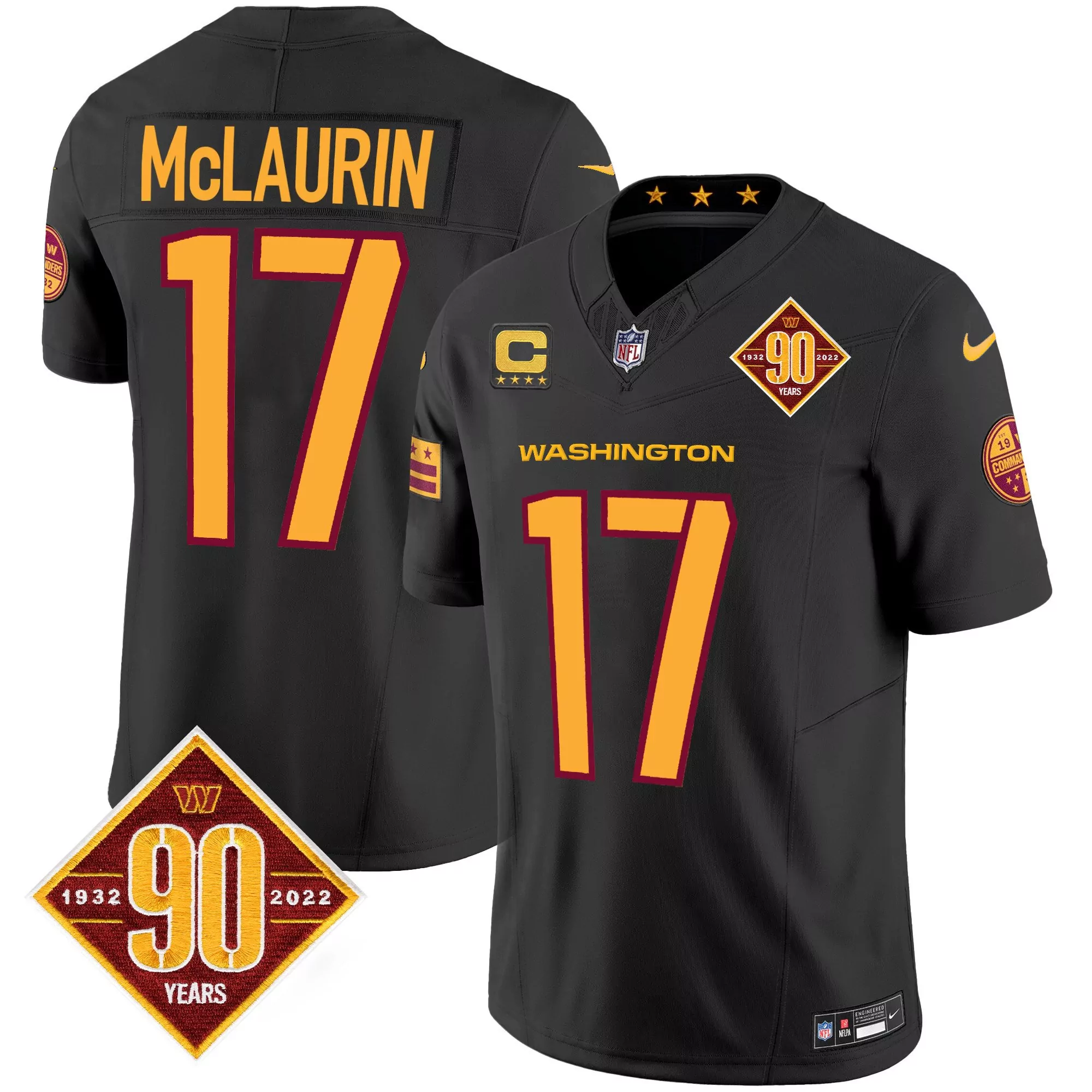 terry mclaurin black mens washington commanders 90th anniversary patch vapor jersey v3 all stitched