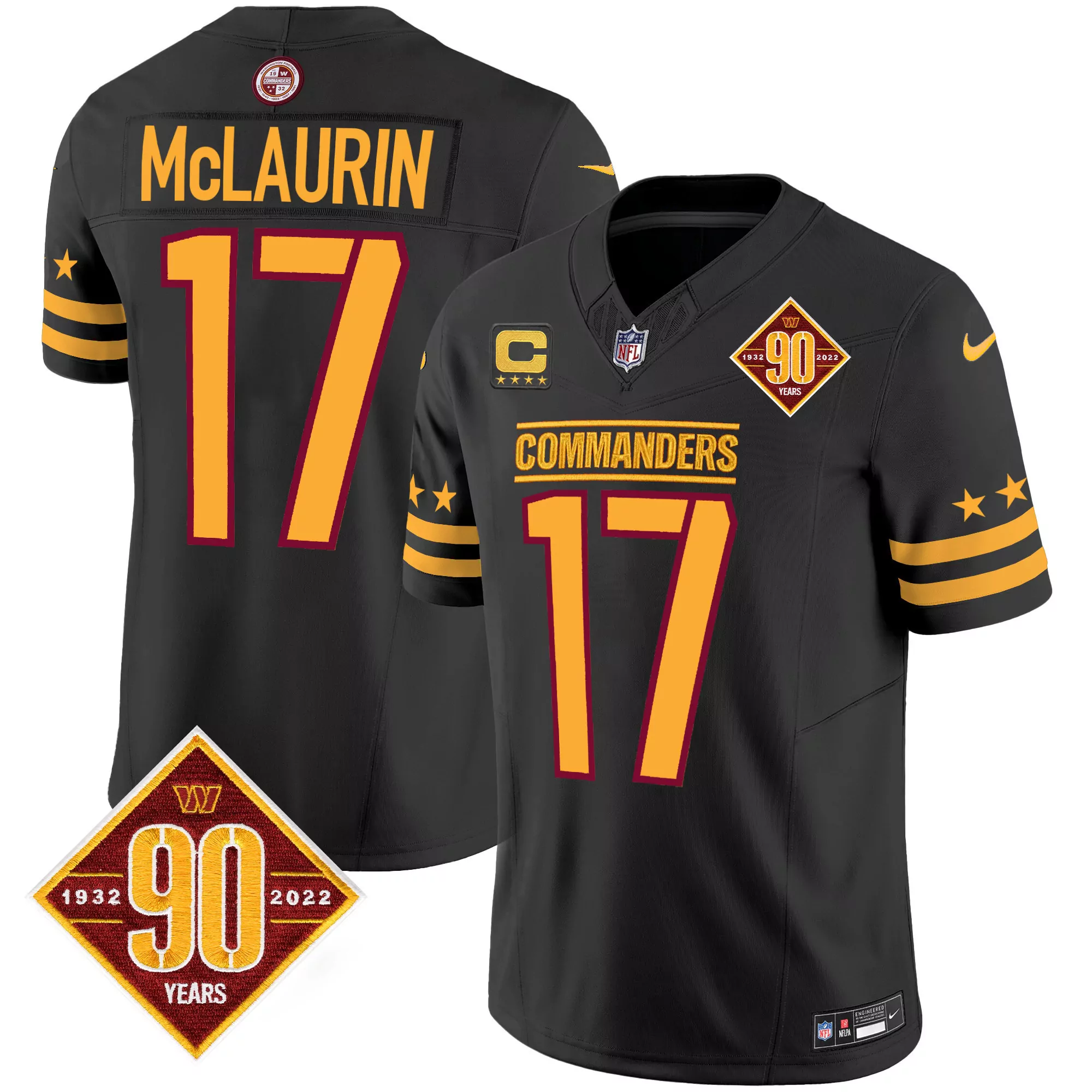terry mclaurin black mens washington commanders 90th anniversary patch vapor jersey v3 all stitched