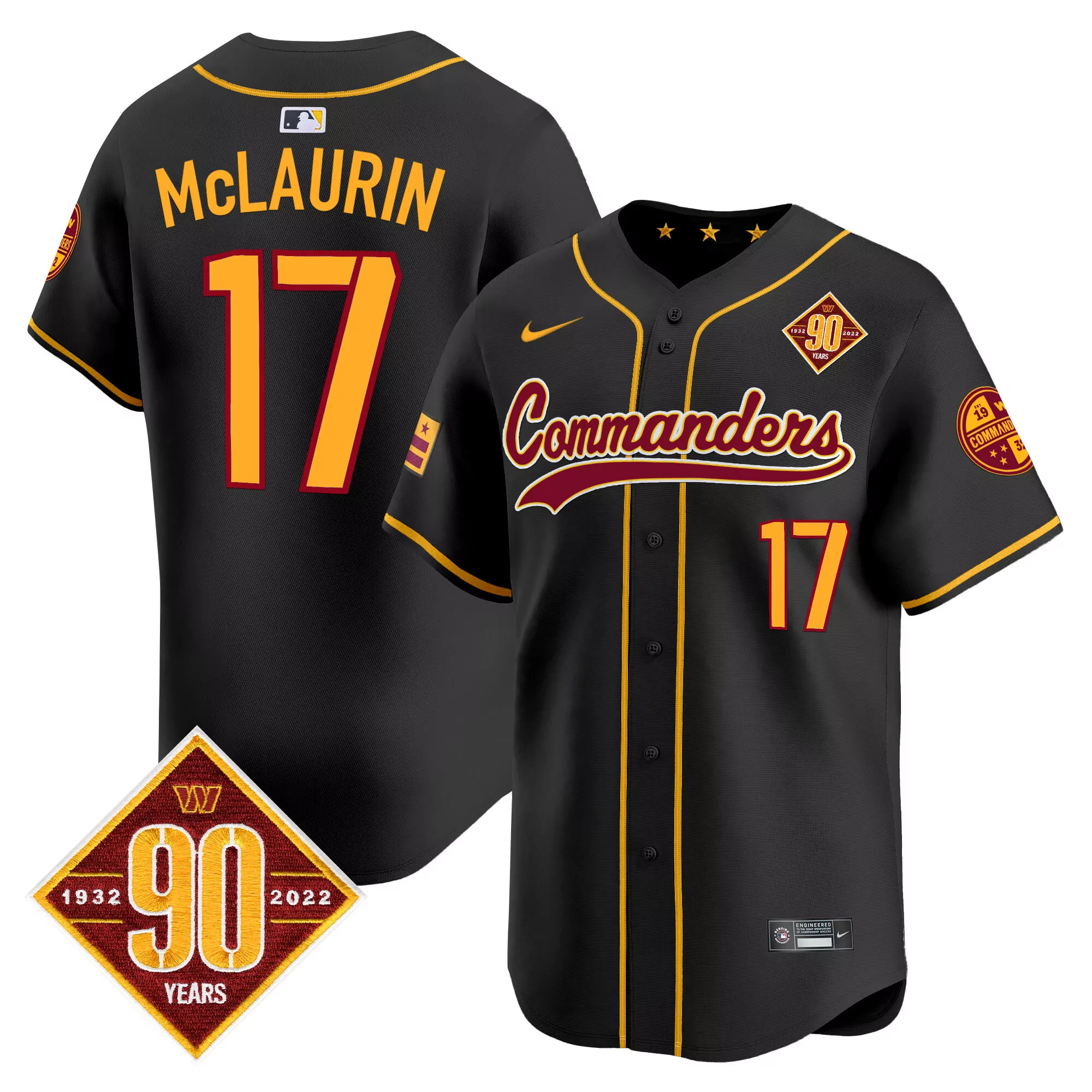 terry mclaurin black mens washington commanders 90th anniversary patch vapor jersey v3 all stitched