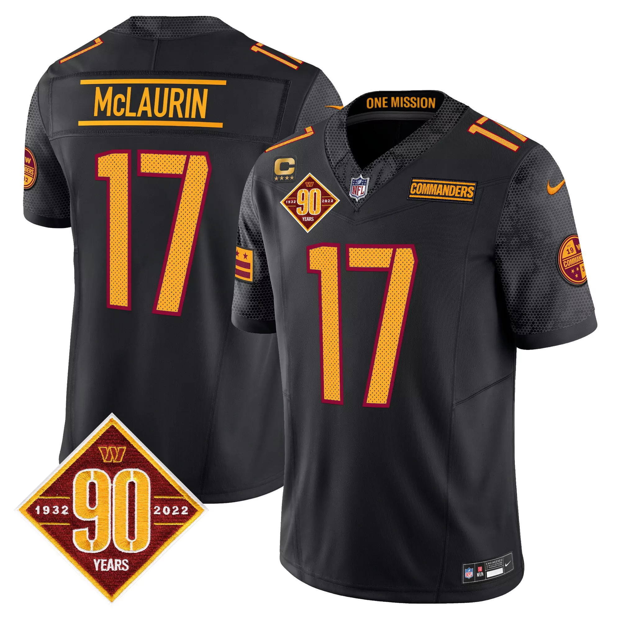 terry mclaurin black mens washington commanders 90th anniversary patch vapor jersey v3 all stitched