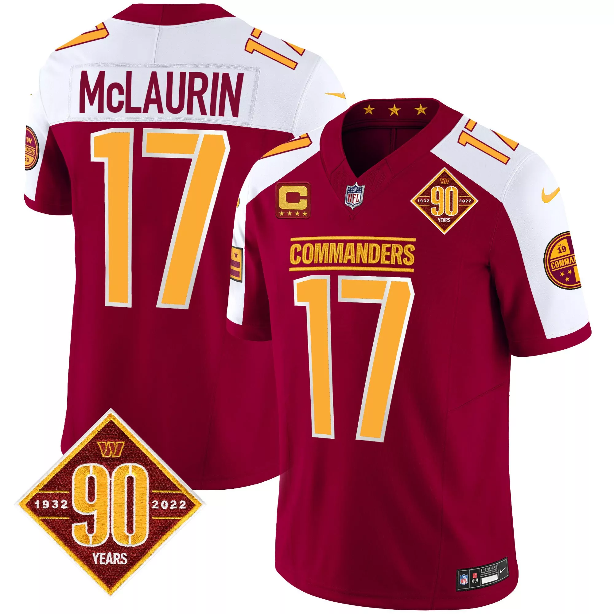 terry mclaurin burgundy alternate mens washington commanders 90th anniversary patch vapor jersey all stitched