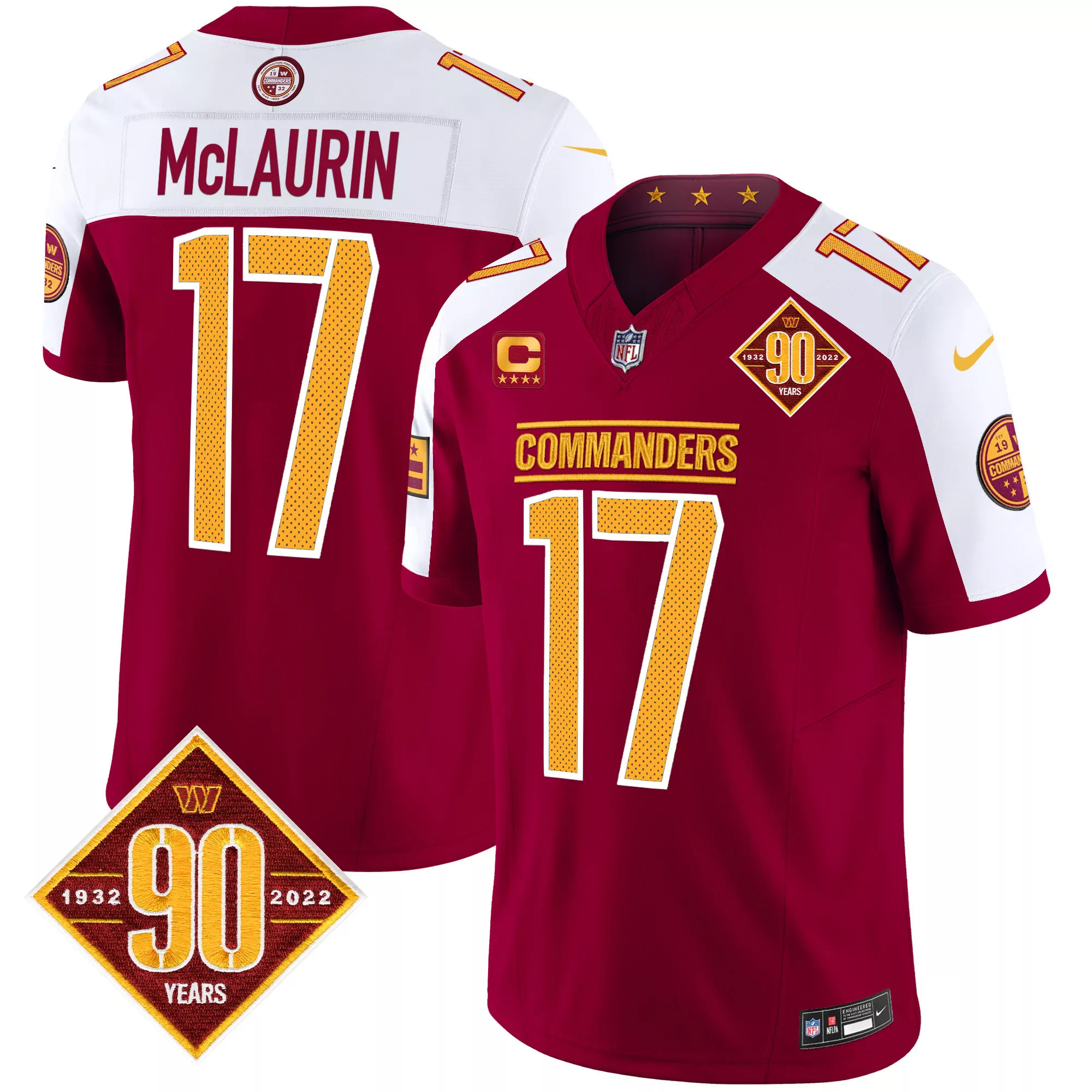terry mclaurin burgundy alternate mens washington commanders 90th anniversary vapor limited jersey v4 all stitched