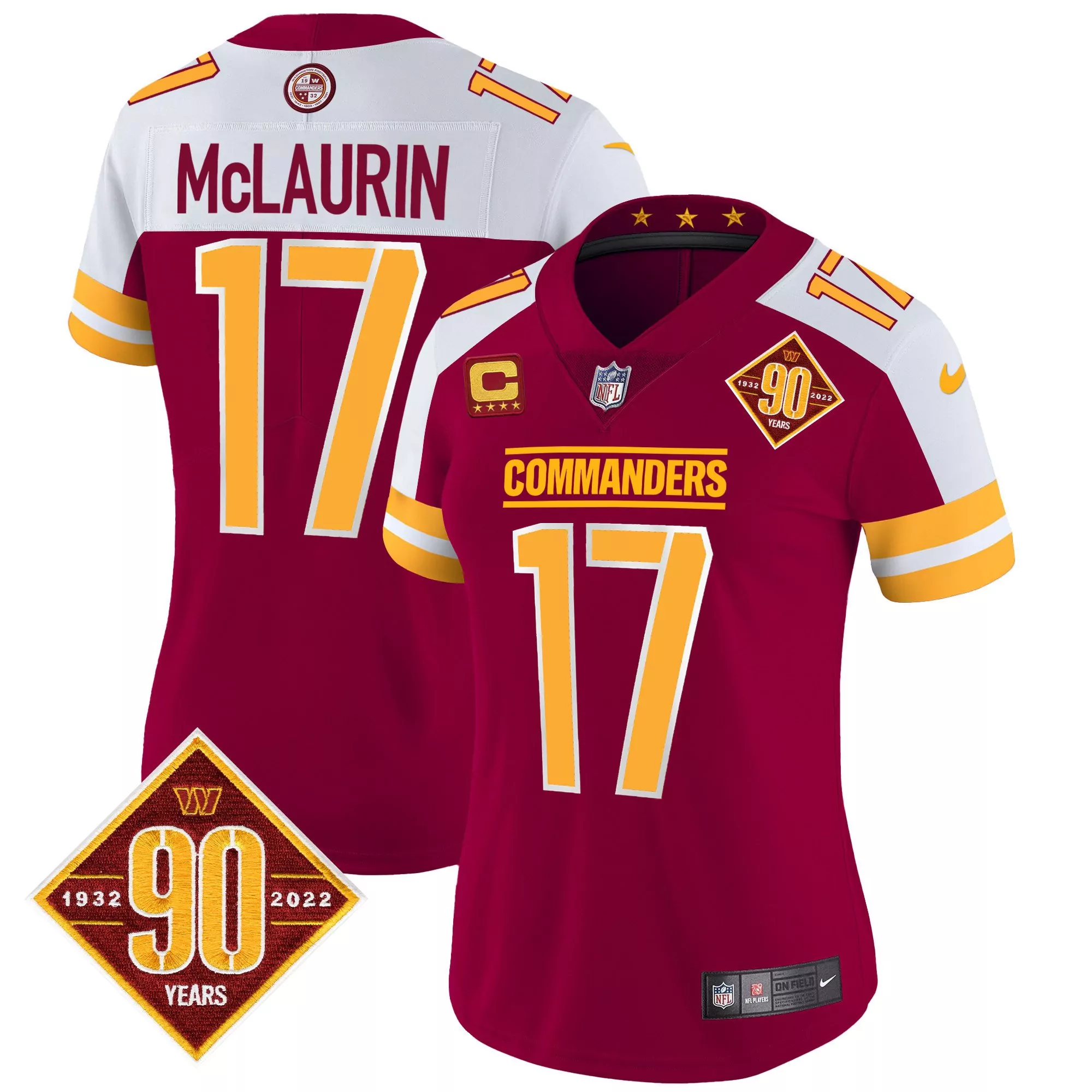 terry mclaurin burgundy alternate womens washington commanders 90th anniversary patch vapor jersey v2 all stitched