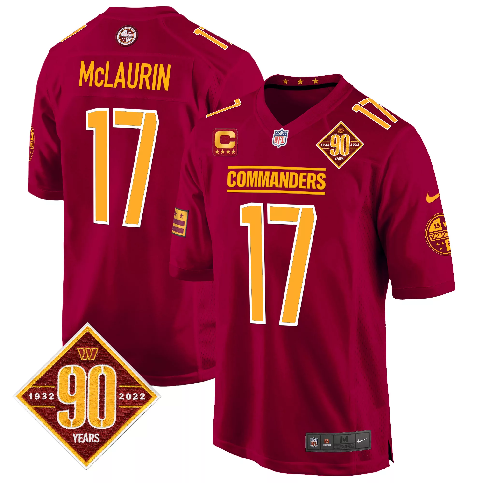 terry mclaurin burgundy mens washington commanders 90th anniversary patch game jersey all stitched