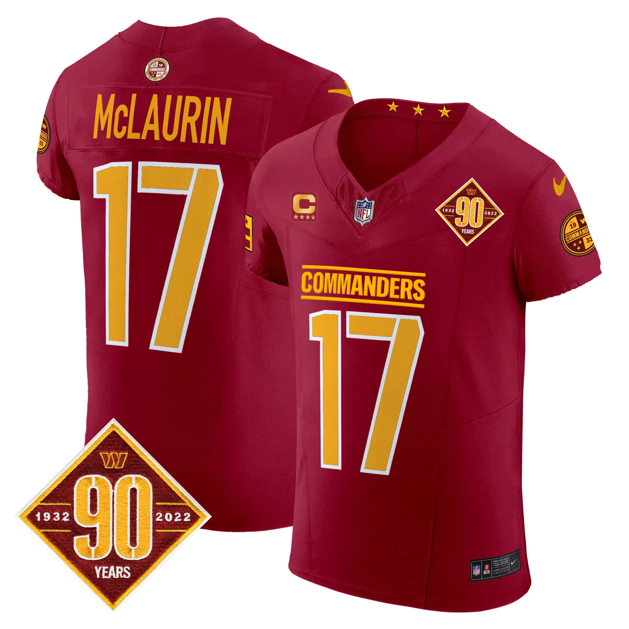 terry mclaurin burgundy mens washington commanders 90th anniversary patch game jersey all stitched