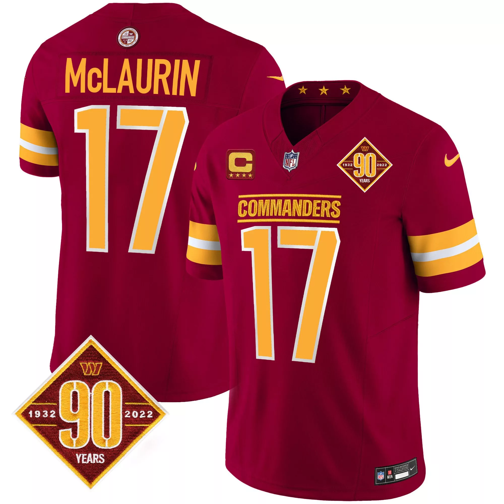 terry mclaurin burgundy mens washington commanders 90th anniversary patch game jersey all stitched