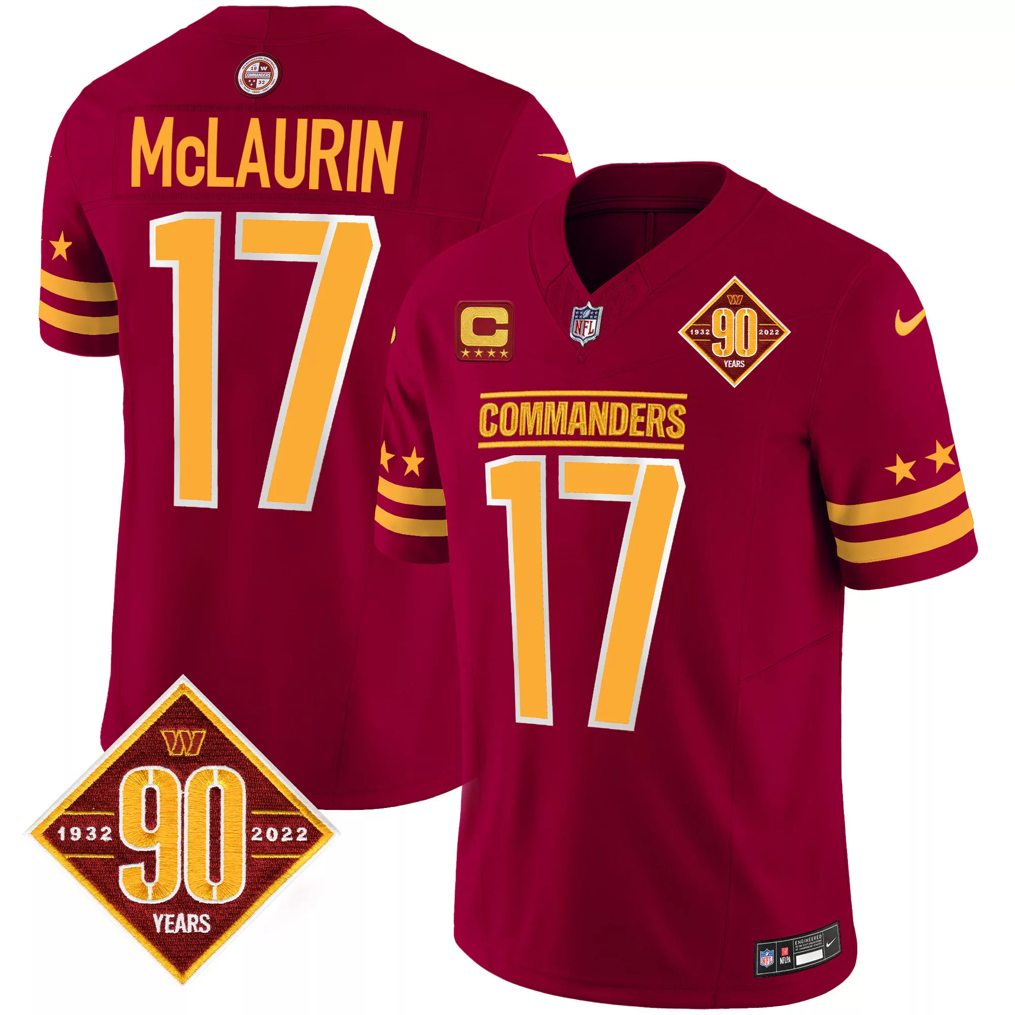 terry mclaurin burgundy mens washington commanders 90th anniversary patch vapor limited jersey all stitched