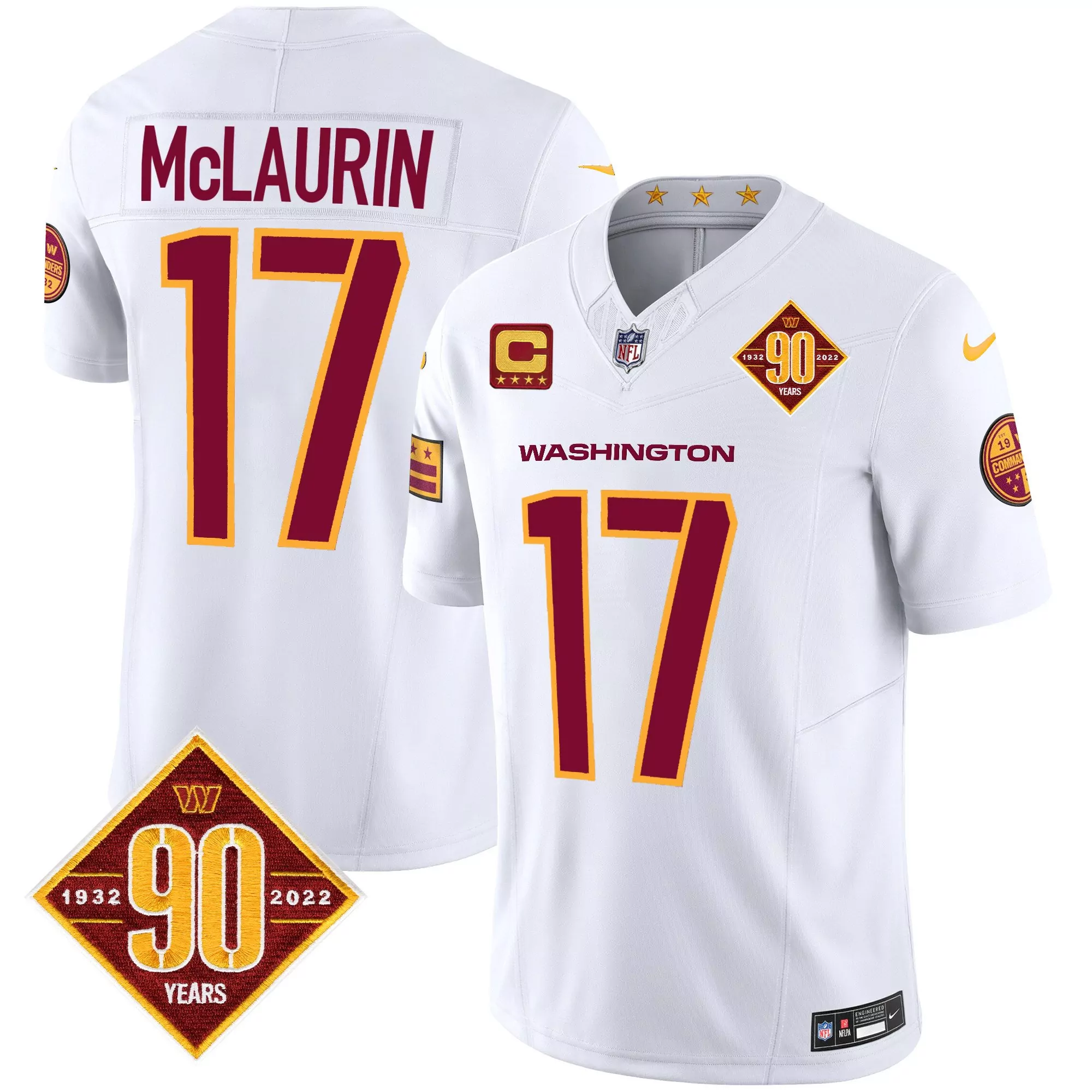 terry mclaurin white mens washington commanders 90th anniversary patch vapor jersey v3 all stitched