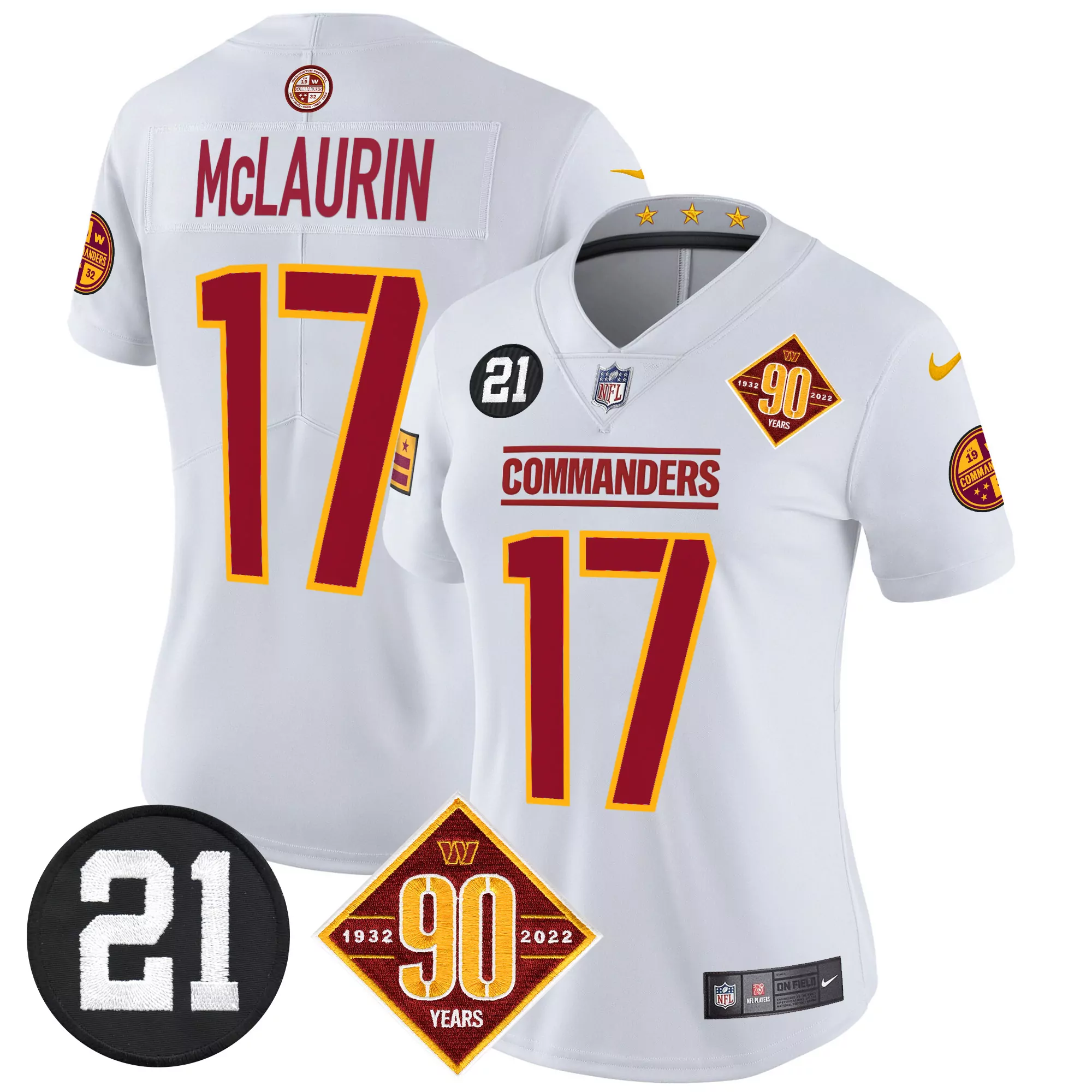 terry mclaurin white womens washington commanders 90th anniversary patch vapor limited jersey all stitched