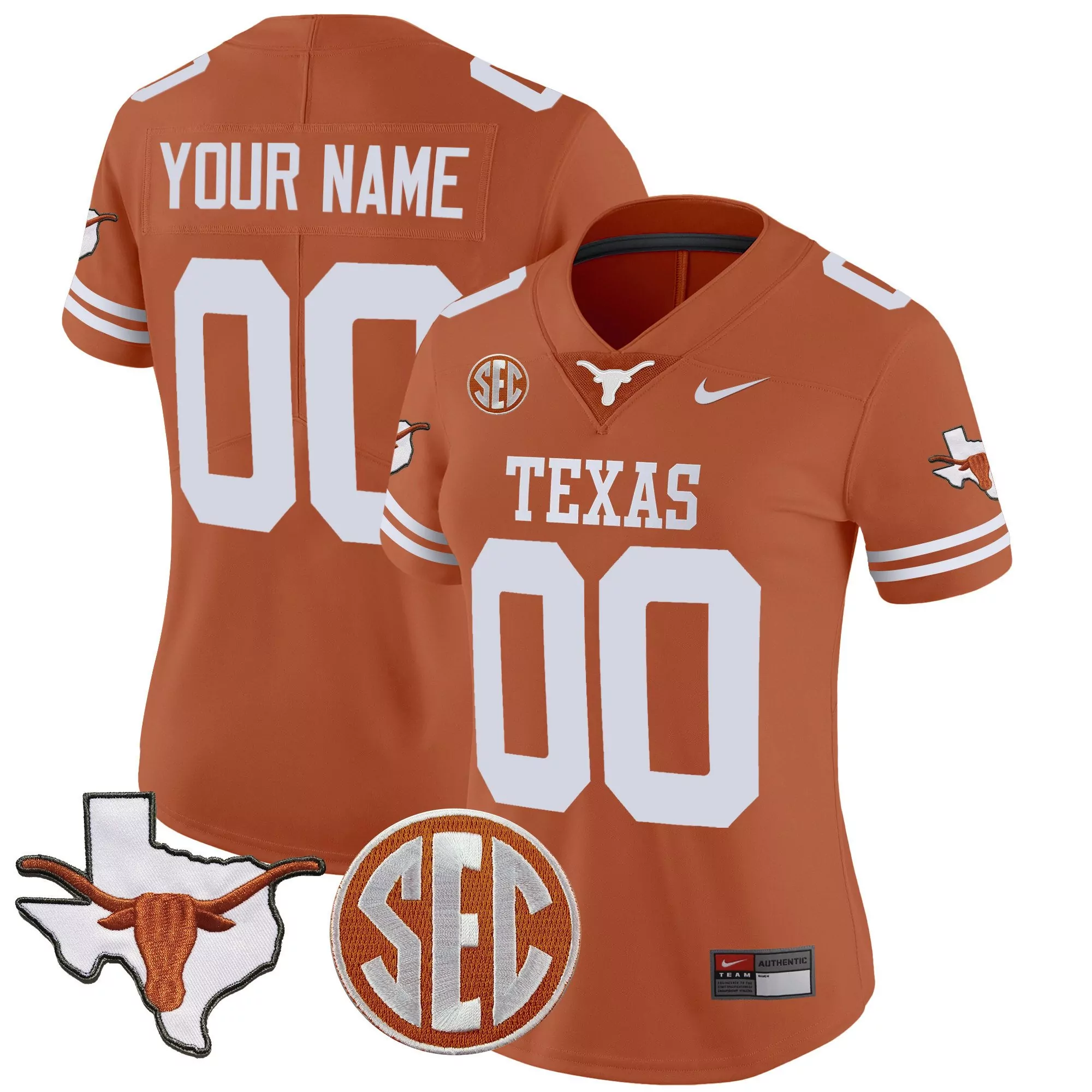 texas orange women texas longhorns state map sec patch vapor custom jersey v2 all stitched