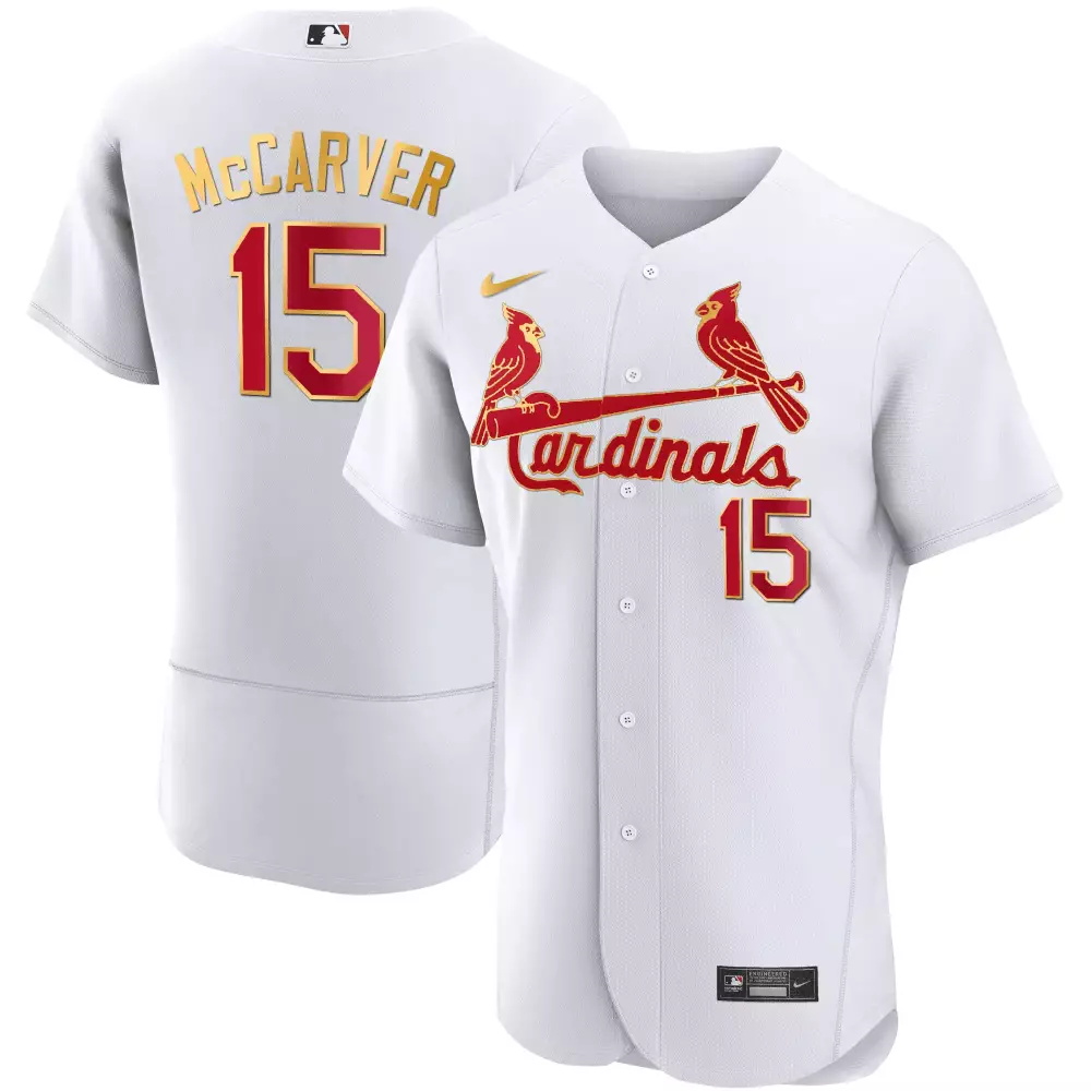 Tim McCarver White Men's St Louis Cardinals Flex Base Gold Trim Jersey | All Stitched | Limited Edition Fan Gear | For Men, Women & Youth