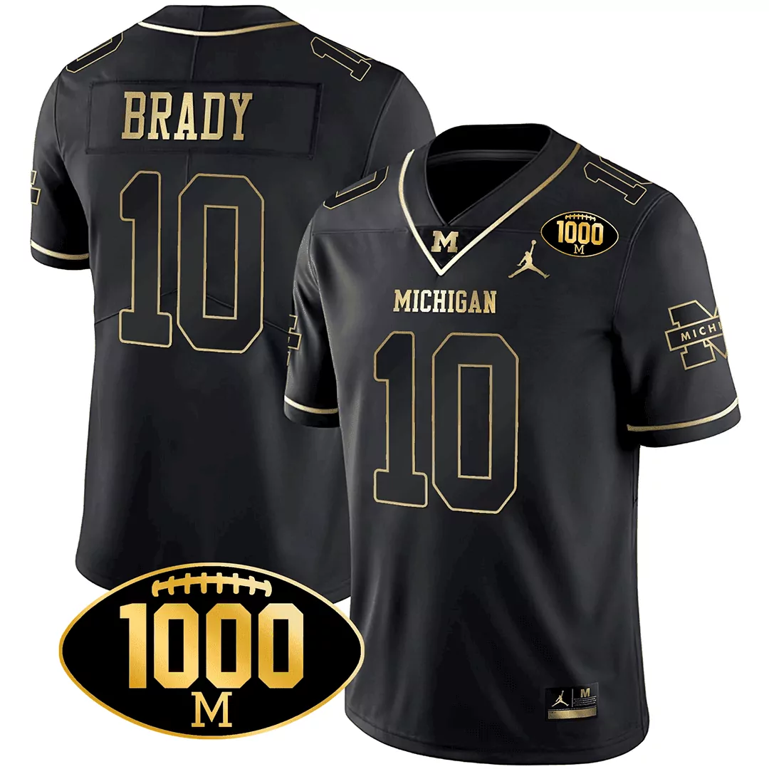 tom brady black gold mens michigan wolverines 1000 wins patch gold jersey all stitched
