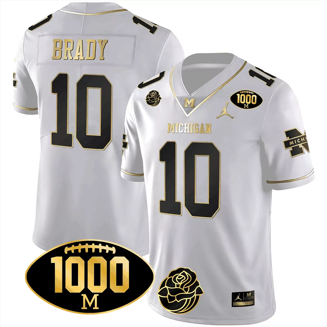 tom brady white gold mens michigan wolverines michigan 1000 wins rose bowl patch gold jersey all stitched