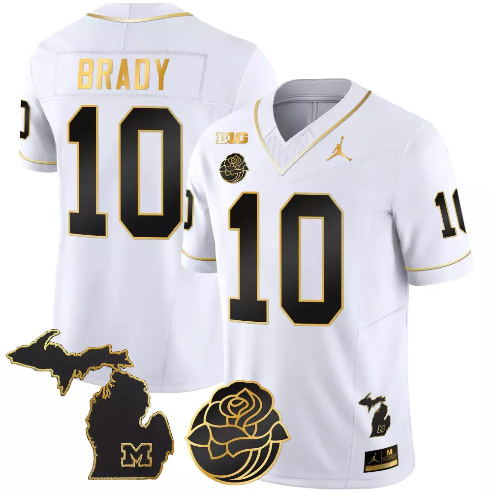 tom brady white gold mens michigan wolverines michigan 1000 wins rose bowl patch gold jersey all stitched