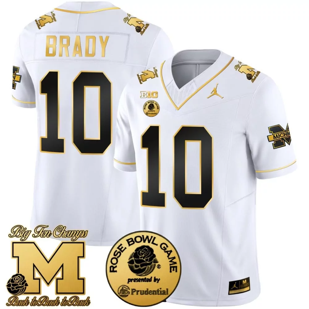 tom brady white gold mens michigan wolverines michigan 1000 wins rose bowl patch gold jersey all stitched