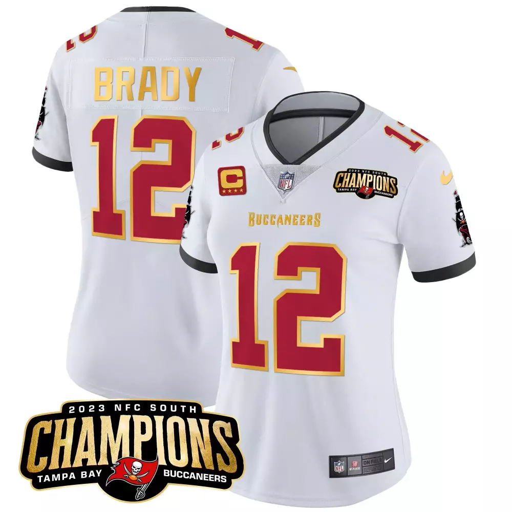tom brady white womens tampa bay buccaneers 2023 nfc south champions patch gold trim vapor jersey all stitched