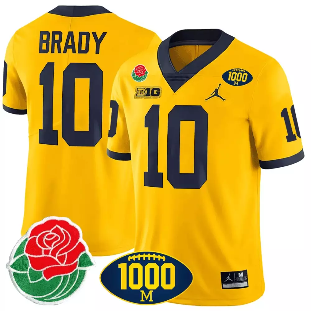 Tom Brady Michigan Wolverines 1000 Wins Rose Bowl Patch Special Jersey | Yellow Stitched Fan Gear | For Men, Women & Youth