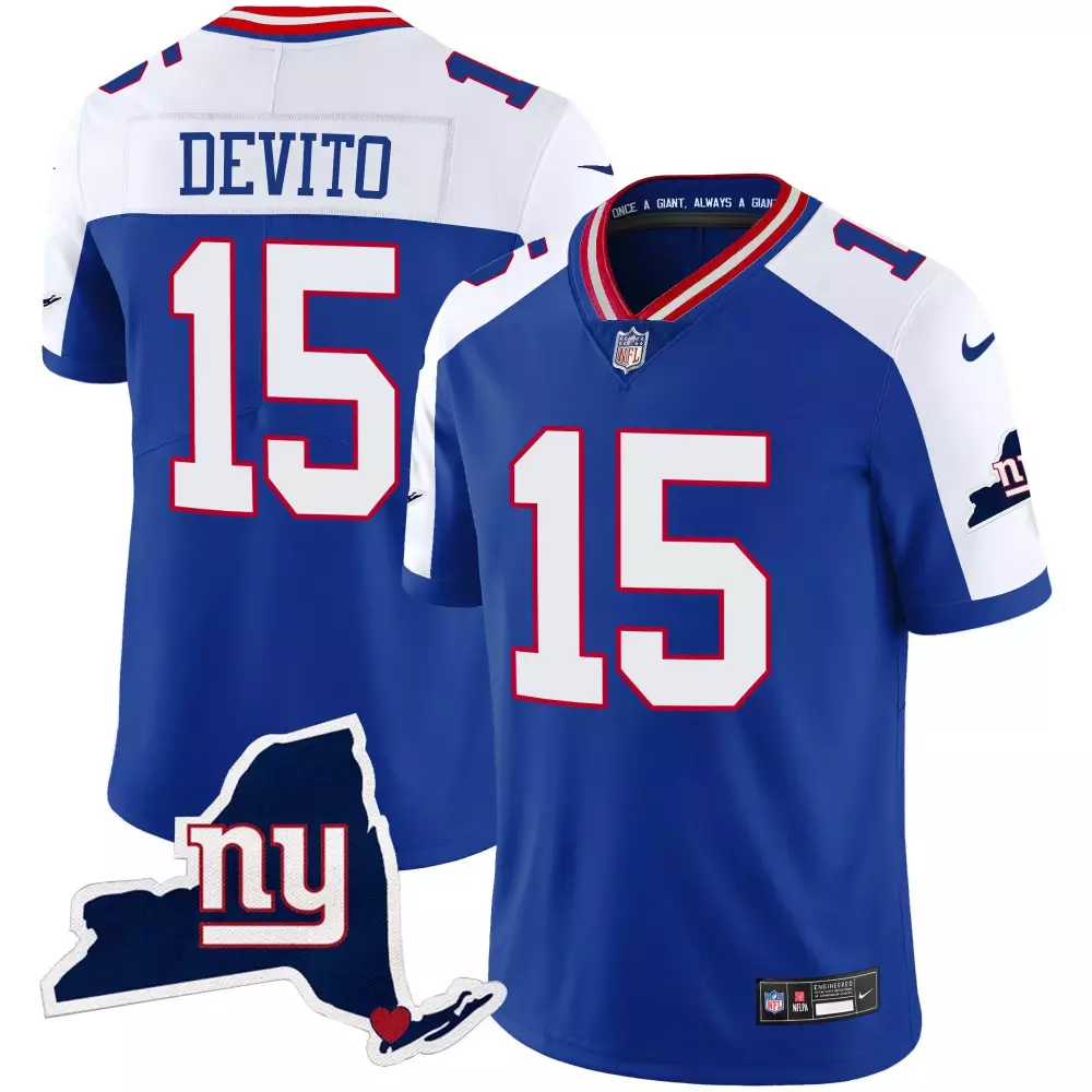 Tommy Devito Royal Alternate Men's New York Giants State Map Patch Limited Jersey | All Stitched Fan Gear | For Men, Women & Youth