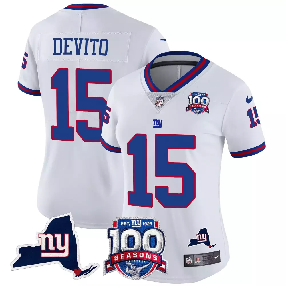 Tommy Devito New York Giants 100th Season State Patch Vapor Limited Jersey | White | Stitched | Fan Gear | For Women