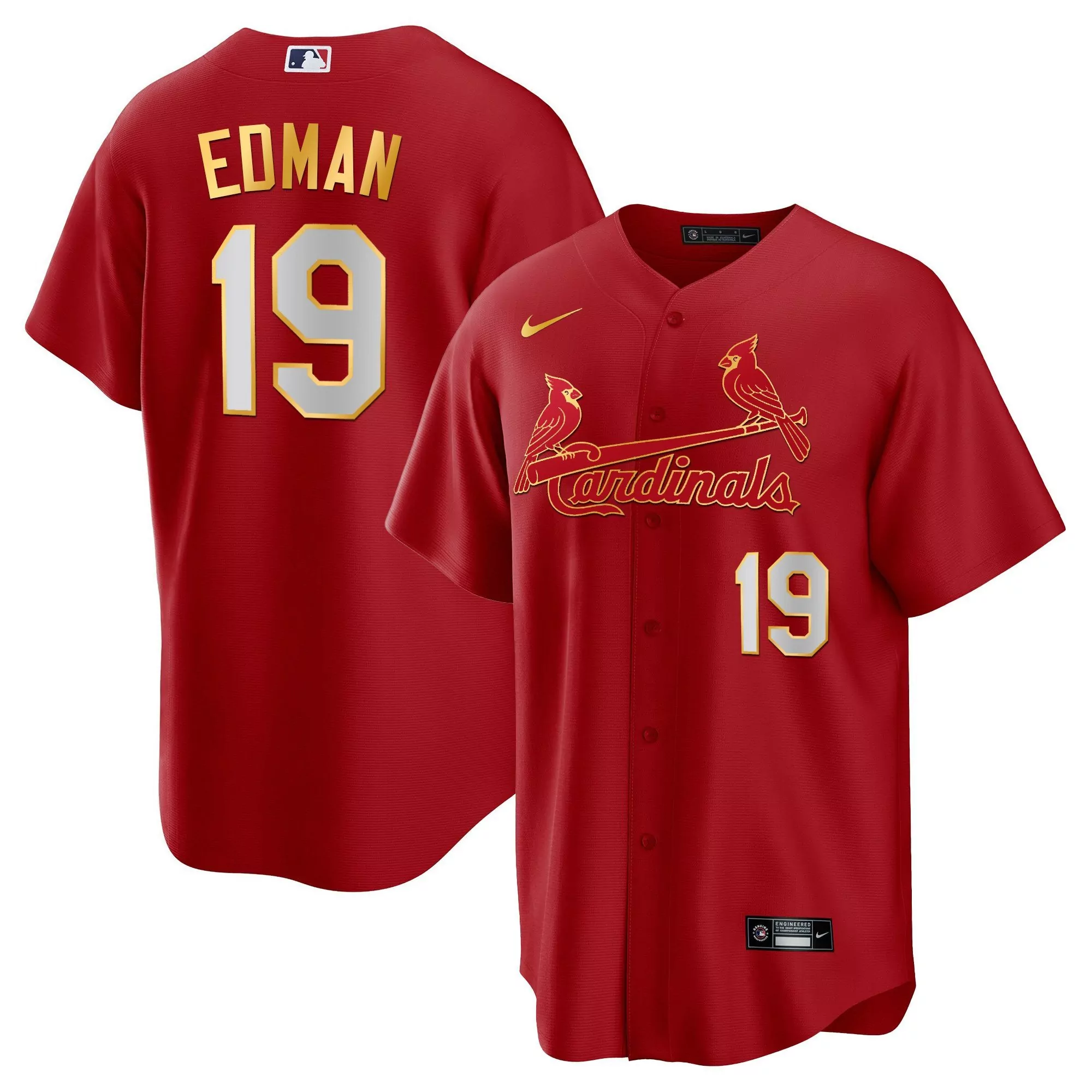 tommy edman red gold mens st louis cardinals cool base gold trim jersey all stitched