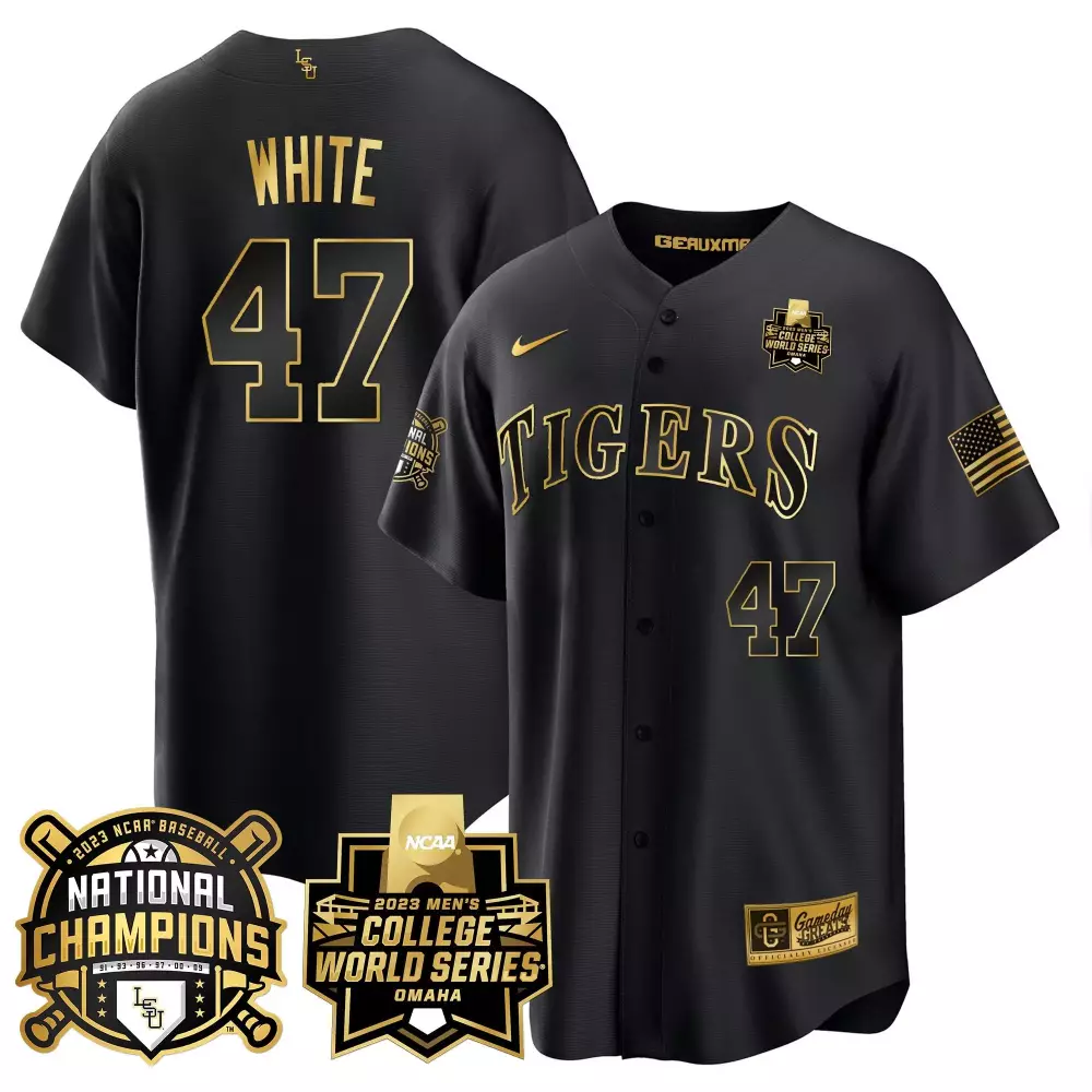 tommy white black gold mens lsu tigers 2023 national champions gold cool jersey v3 all stitched