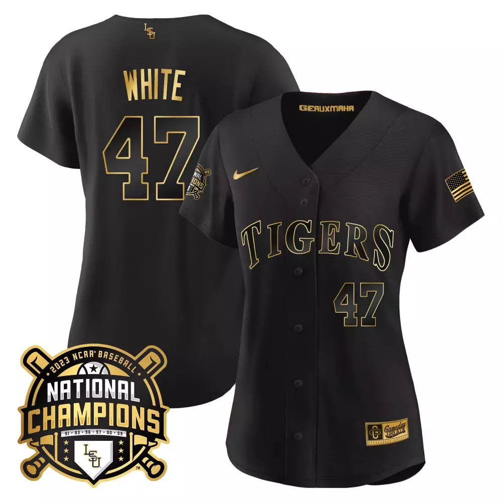 tommy white black gold womens lsu tigers 2023 national champions gold cool jersey all stitched