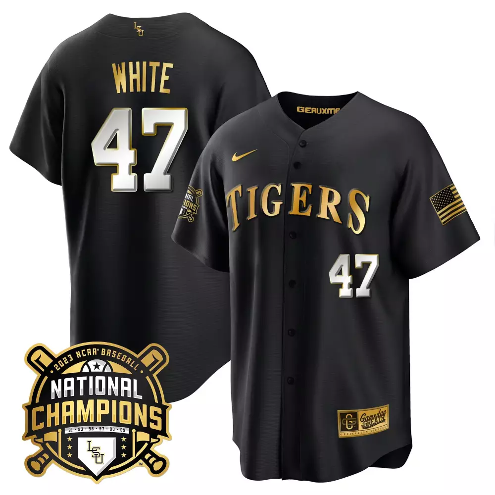 tommy white black limited mens lsu tigers 2023 national champions gold cool jersey all stitched
