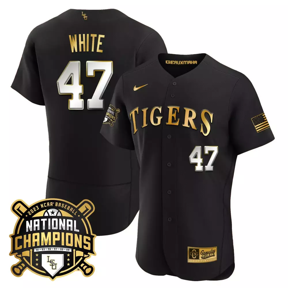 tommy white black limited mens lsu tigers 2023 national champions gold flex jersey all stitched