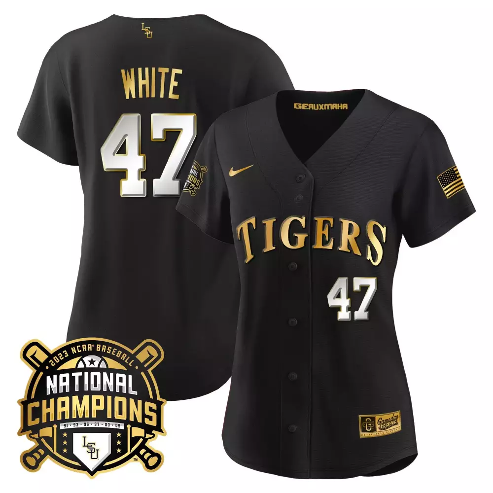 tommy white black limited mens lsu tigers 2023 national champions gold flex jersey all stitched