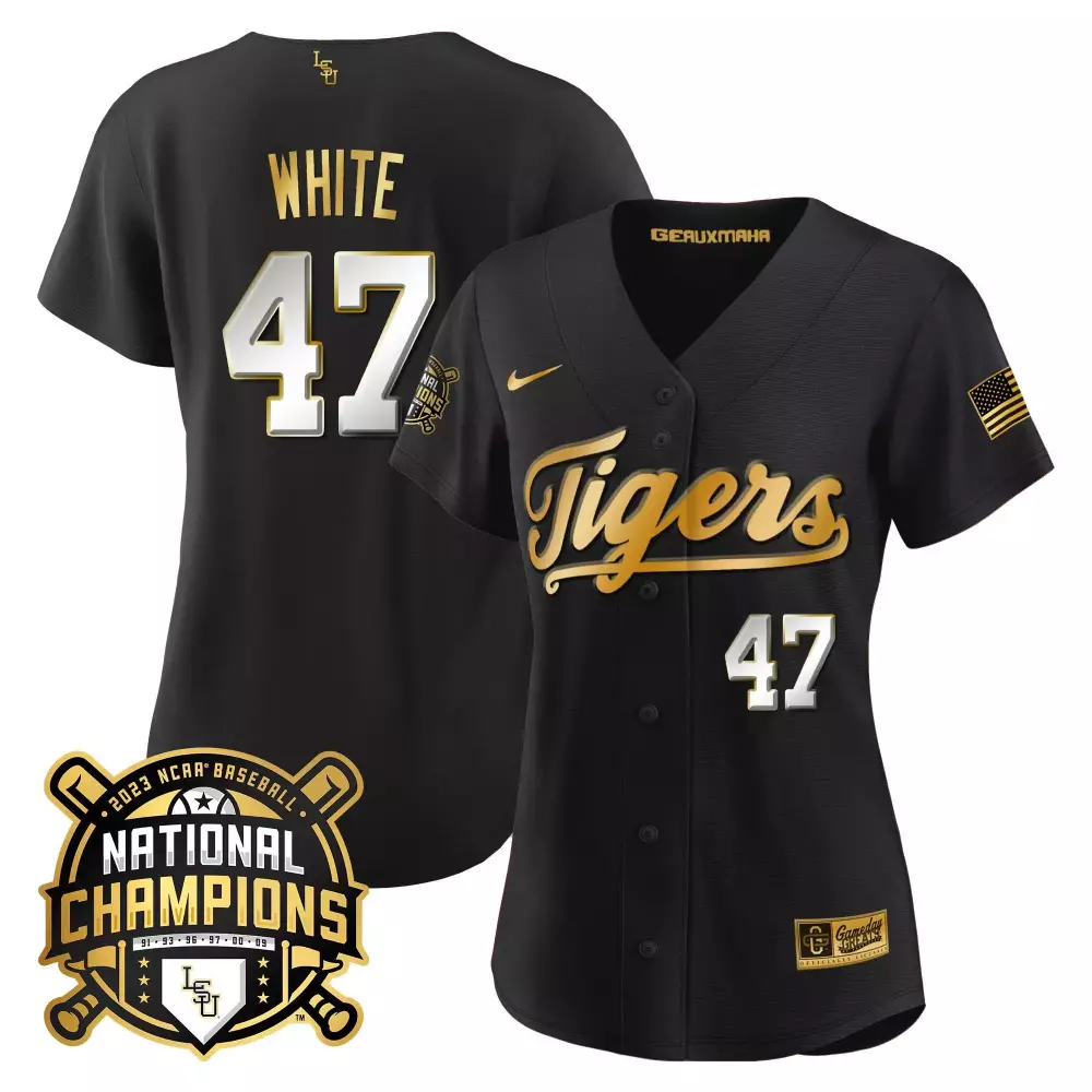 tommy white black limited mens lsu tigers 2023 national champions gold flex jersey all stitched