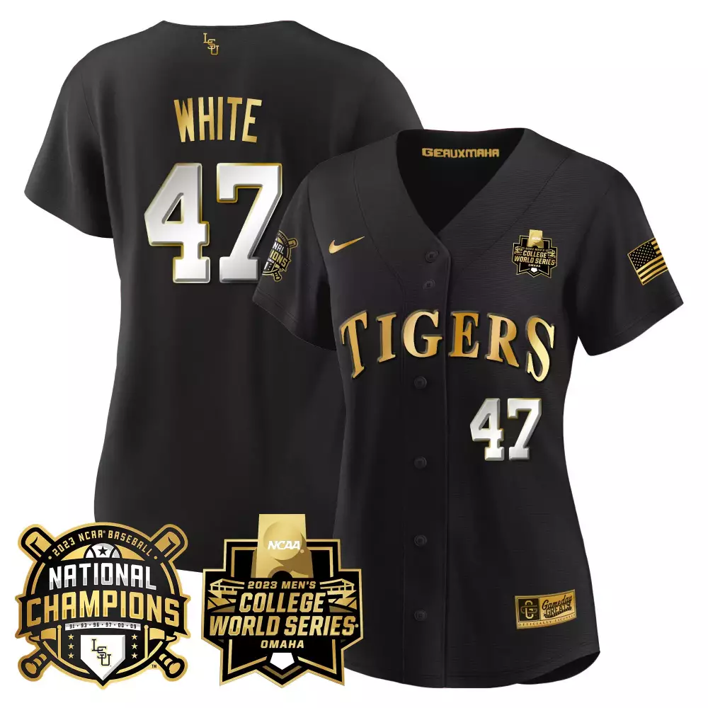 tommy white black limited mens lsu tigers 2023 national champions gold flex jersey all stitched