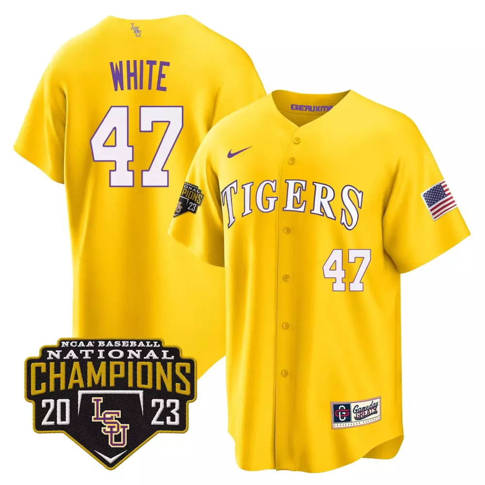 tommy white gold mens lsu tigers 2023 national champions gold cool jersey v4 all stitched
