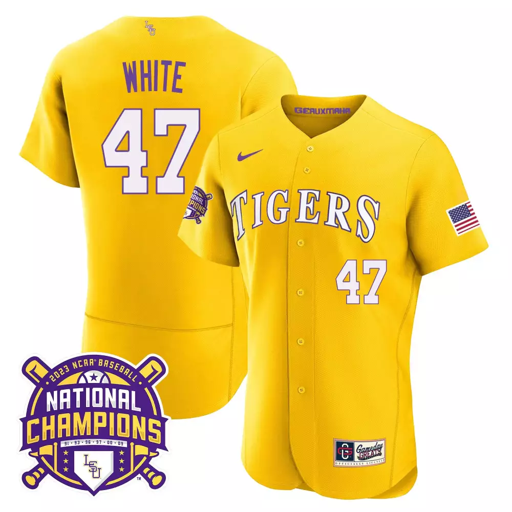 tommy white gold mens lsu tigers 2023 national champions gold cool jersey v4 all stitched