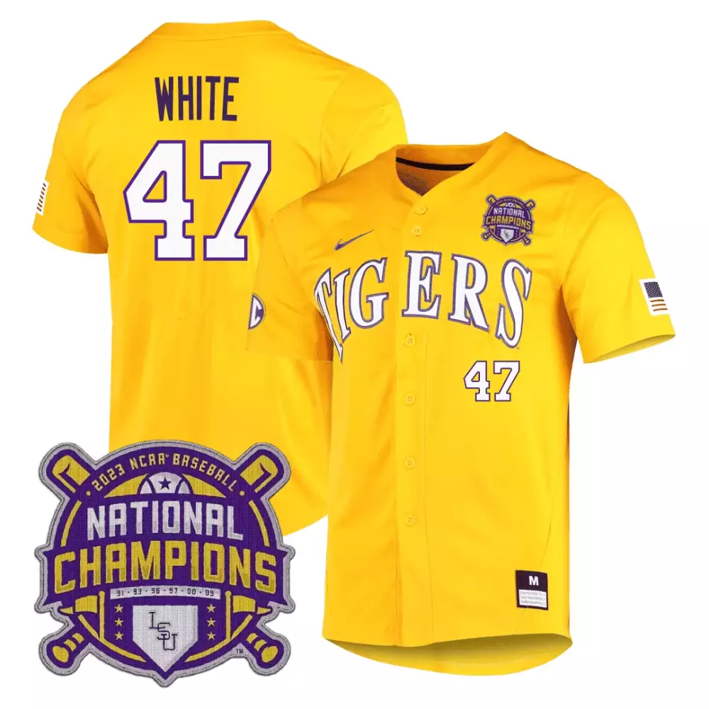 tommy white gold mens lsu tigers 2023 national champions gold cool jersey v4 all stitched