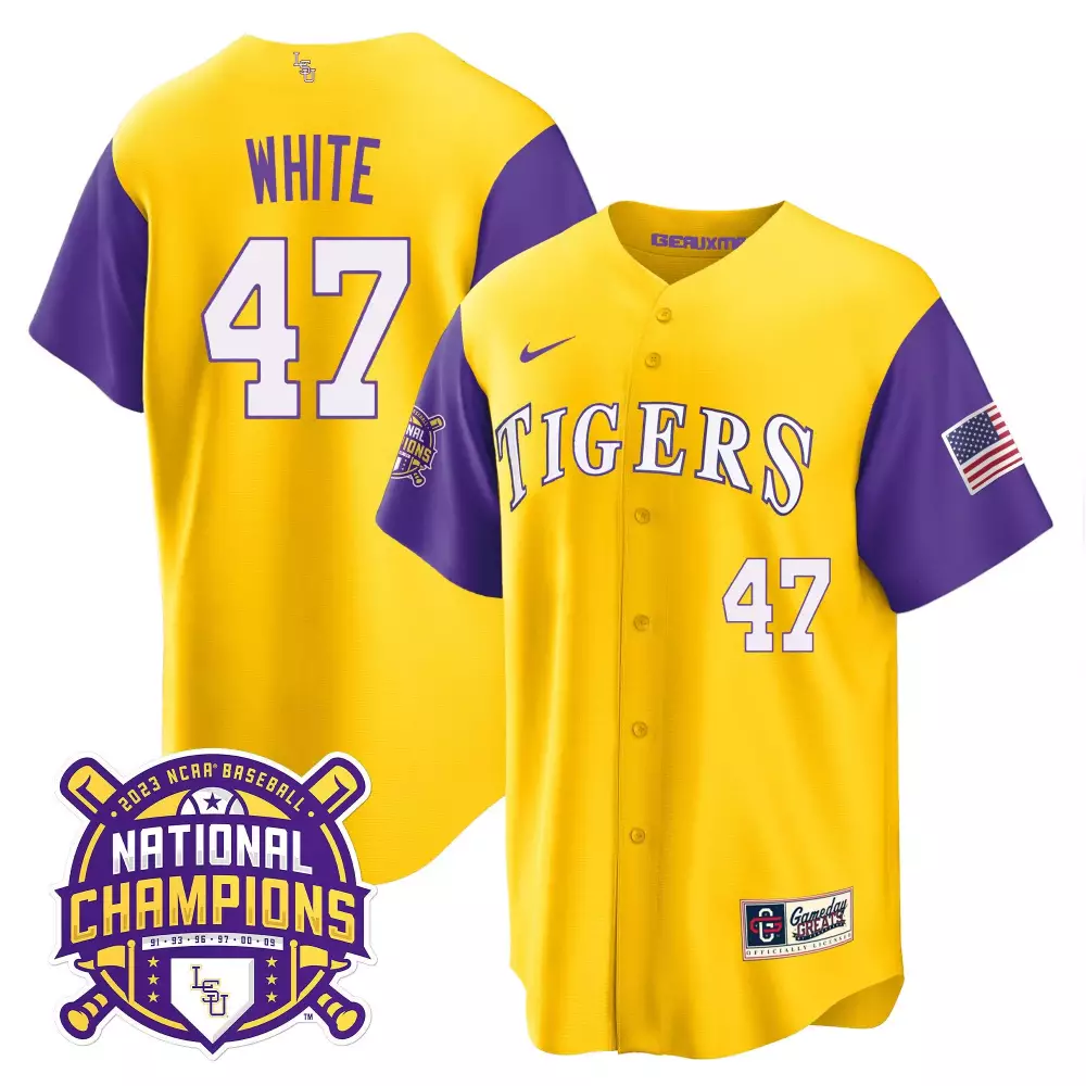 tommy white gold mens lsu tigers 2023 national champions gold cool jersey v4 all stitched