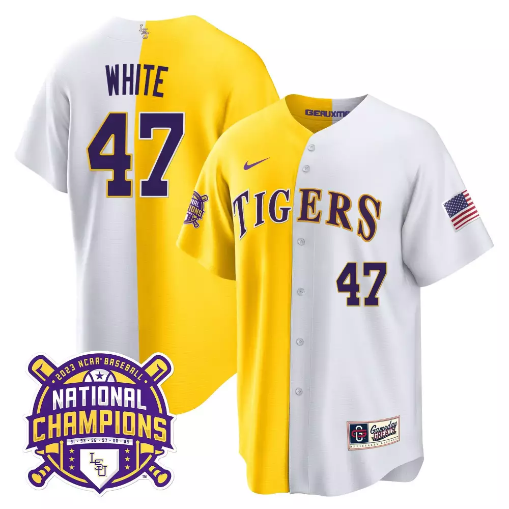 tommy white gold white mens lsu tigers 2023 national champions split jersey all stitched