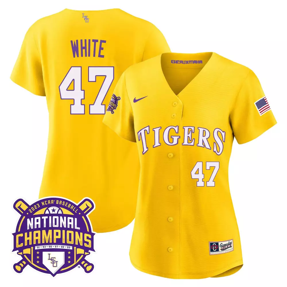 tommy white gold white mens lsu tigers 2023 national champions split jersey all stitched