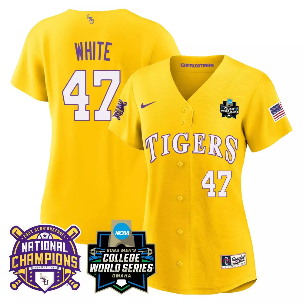 tommy white gold white mens lsu tigers 2023 national champions split jersey all stitched