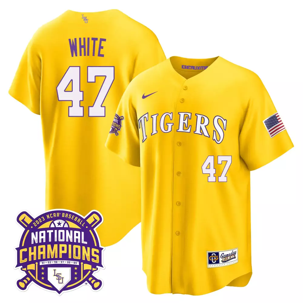 tommy white gold youths lsu tigers 2023 national champions gold cool jersey v2 all stitched