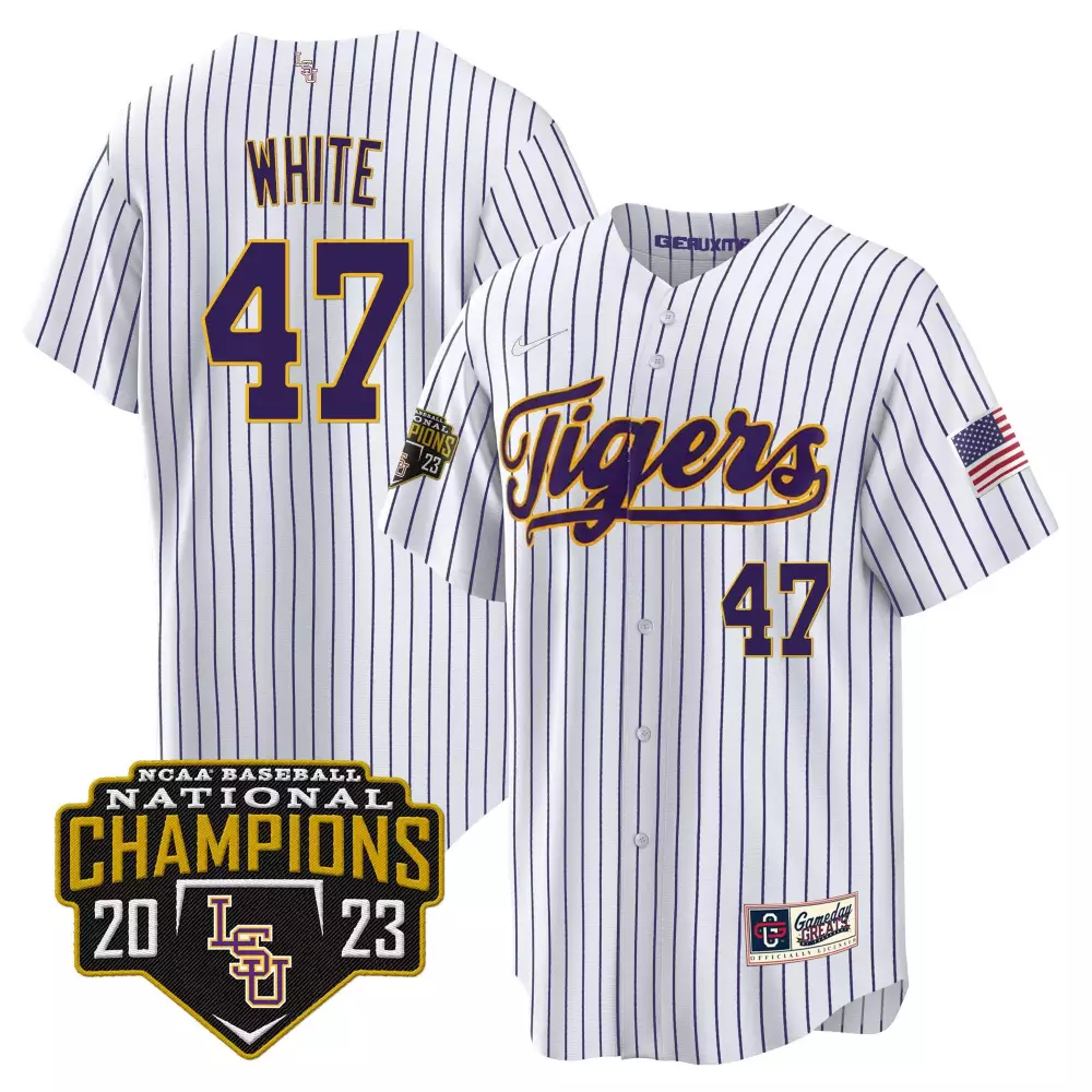 tommy white pinstripe mens lsu tigers 2023 national champions gold cool jersey v5 all stitched