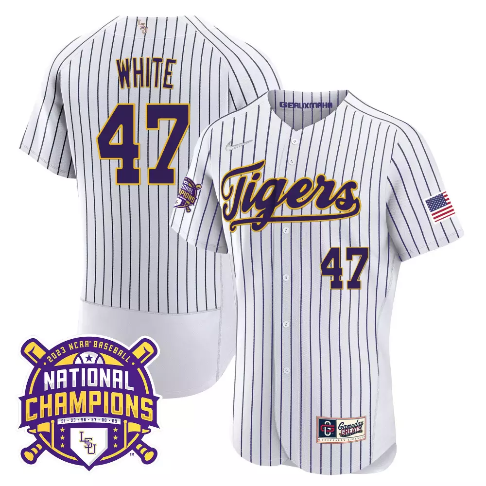 tommy white pinstripe mens lsu tigers 2023 national champions gold cool jersey v5 all stitched